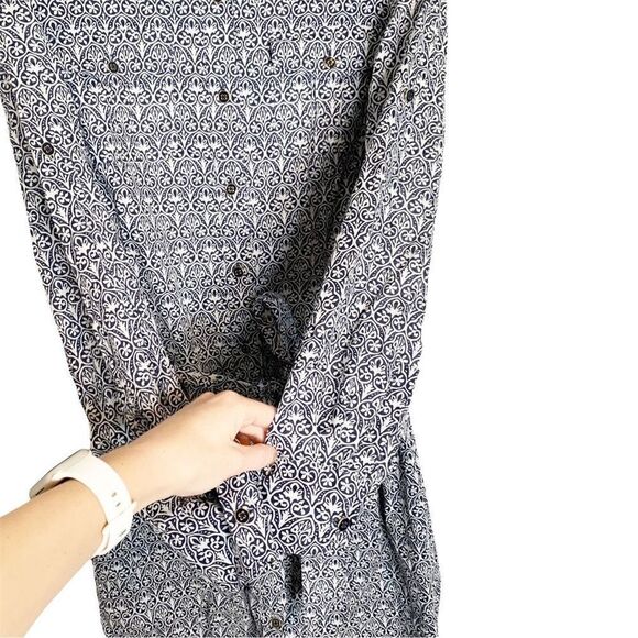 Tory Burch Blue Tile Printed White Button Up Belted Long Sleeve Work Dress Siz 8 - Picture 3 of 13